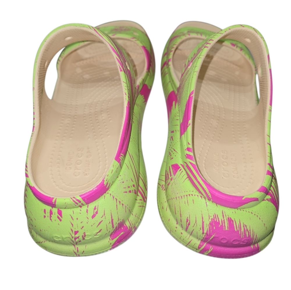 Crocs Crush Sandals Bold Green Pink Print 2 Strap Chunky Platforms 8 Women - Picture 7 of 9